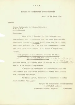 Telegram BIS ohledně převodu zlata (1939)